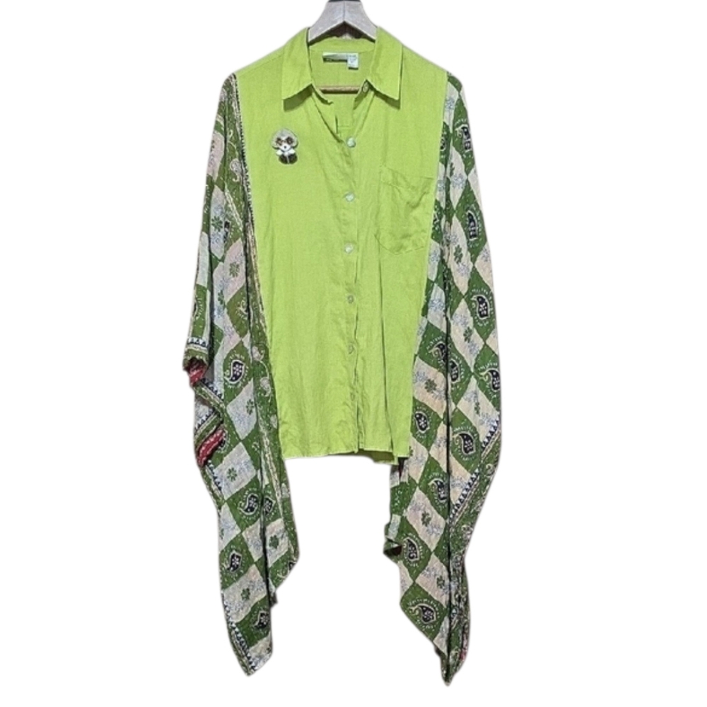 Upcycled Linen Button-Up Shirt with Kantha Kimono